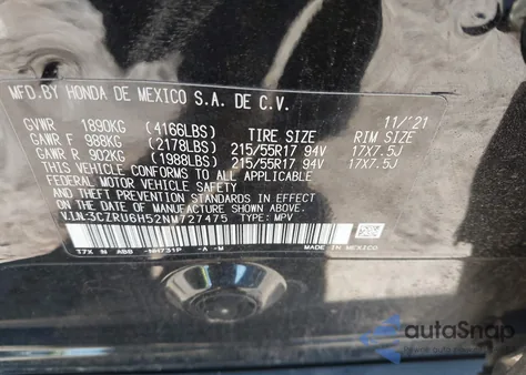 2022 Honda Hr-V Awd Ex from USA, damaged, VIN 3CZRU6H52NM727475